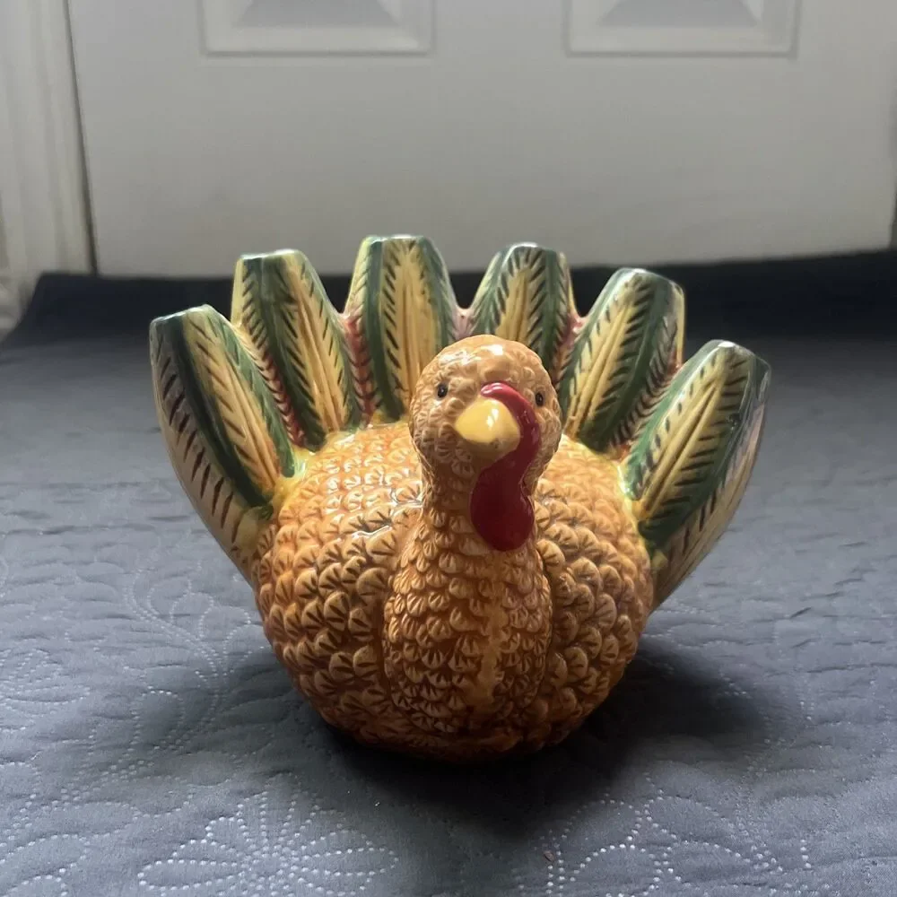 RARE VTG Ceramic Turkey Flower Frog Vase Thanksgiving Centerpiece Japanc.1955-70